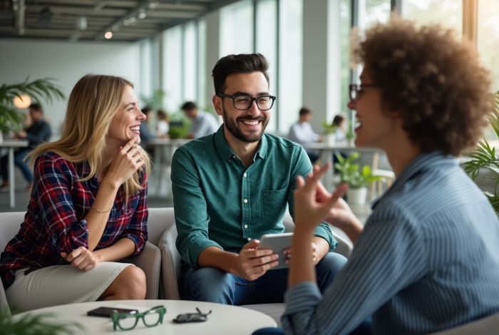 Colleagues in conversation at a table.